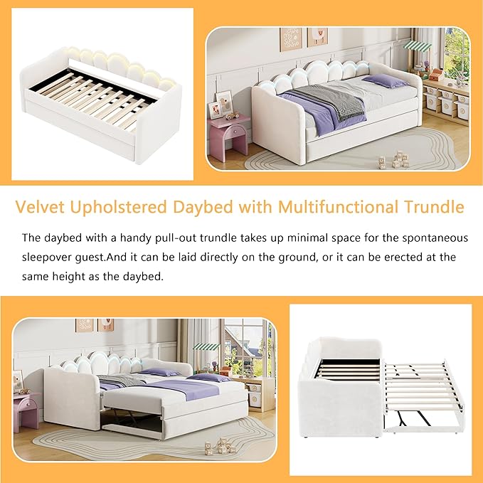 Bellemave Twin XL Size Upholstered Velvet Daybed with Trundle &amp Adjustable 7-Color LED Lights Trundle Can be Flat or Erected Space-Saving Guest Bed No Box Spring NeededWhite
