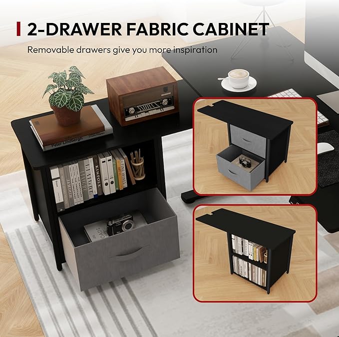 SANODESK 63'' L Shaped Standing Desk with 2-Drawer File Cabinet Electric Height Adjustable Stand up Desk w/USB Charge Ports Home Office Modern Wood Computer Desk with ShelvesBlack Frame/Black Top