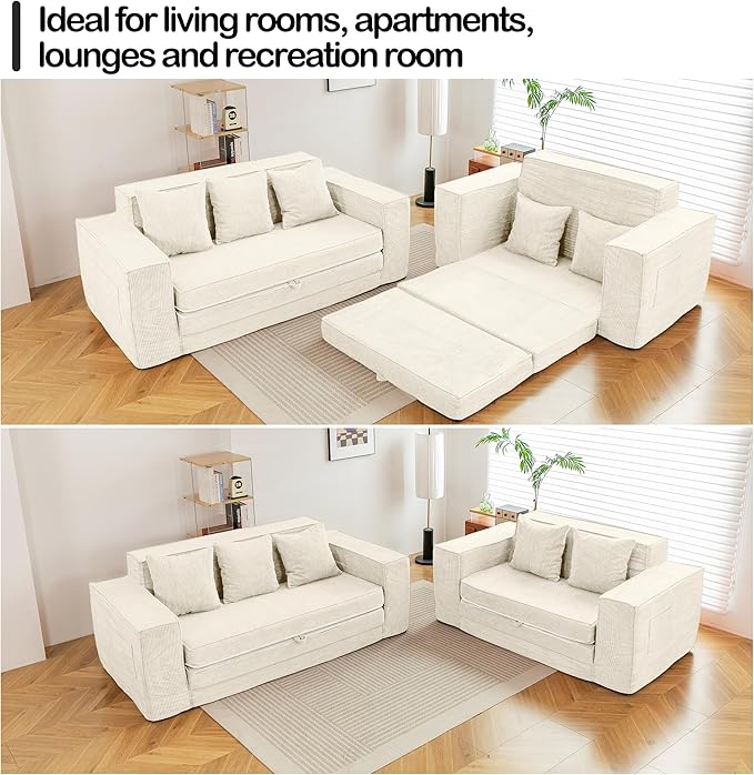HOMREST 76 Convertible 3-Seat Sleeper Sofa Pull Out Sofa Bed 2 in 1 Folding Floor Sofa Oversized Corduroy Upholstered Boneless Couch with 3 Pillows for Living Room Bedroom (Beige)