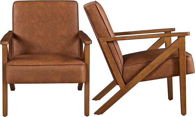 Topeakmart PU Leather Accent Chair Modern Mid Century Armchair Sofa Chair with Wooden Frame and Sturdy Legs for Living Room 1/Light Brown