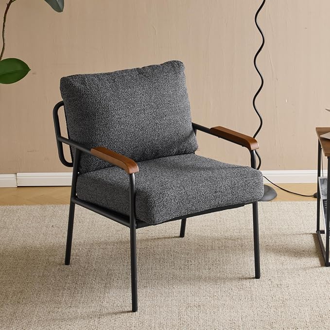 Karl home Accent Chair Modern Armchair with Metal Frame Linen Fabric Upholstory Living Room Chair Mid-Century Reading Chair with Wooden Arms for Living Room Bedroom Reading Room Apartment Gray