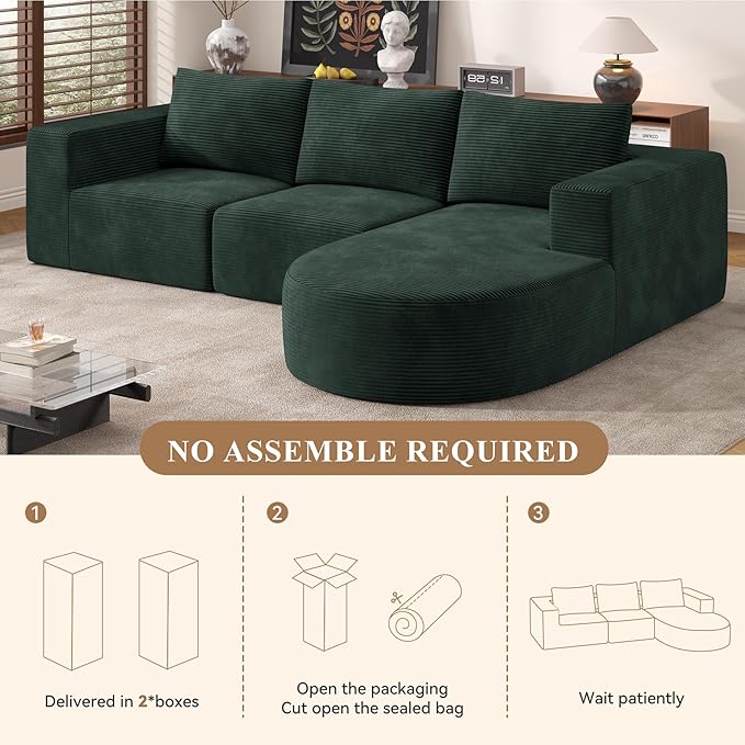 L-Shaped Boneless Couch104 Couches for Living Room with Curved ChaiseModular Sectional Sofa with Deep SeatModern Cozy Cloud Compression SofasNo Assembly Required(Green) 1PCS
