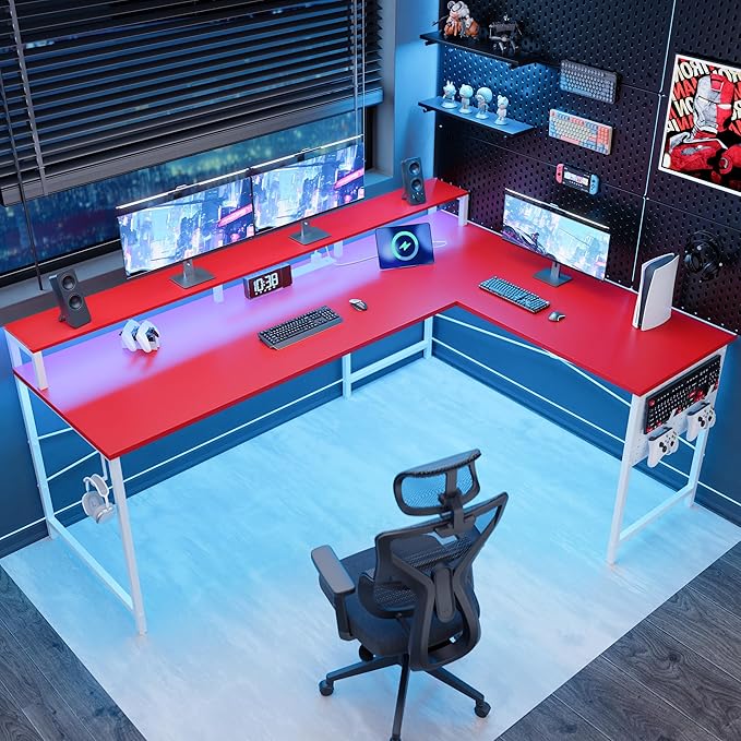 Pamray 64 Inch L Shaped Gaming Desk with Power Outlets and Led Lights Large Corner Computer Desk with Monitor Stand and Pegboard PC Table for Home Office and Bedroom Red