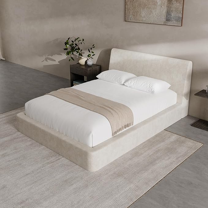 RECCI AirFrame Full Size Bed Frame with Ergonomic Angled Foam Cushioned Headboard Minimalist Design Platform Bed Frame No Box Spring Needed Easy Assembly (Beige Chenille)