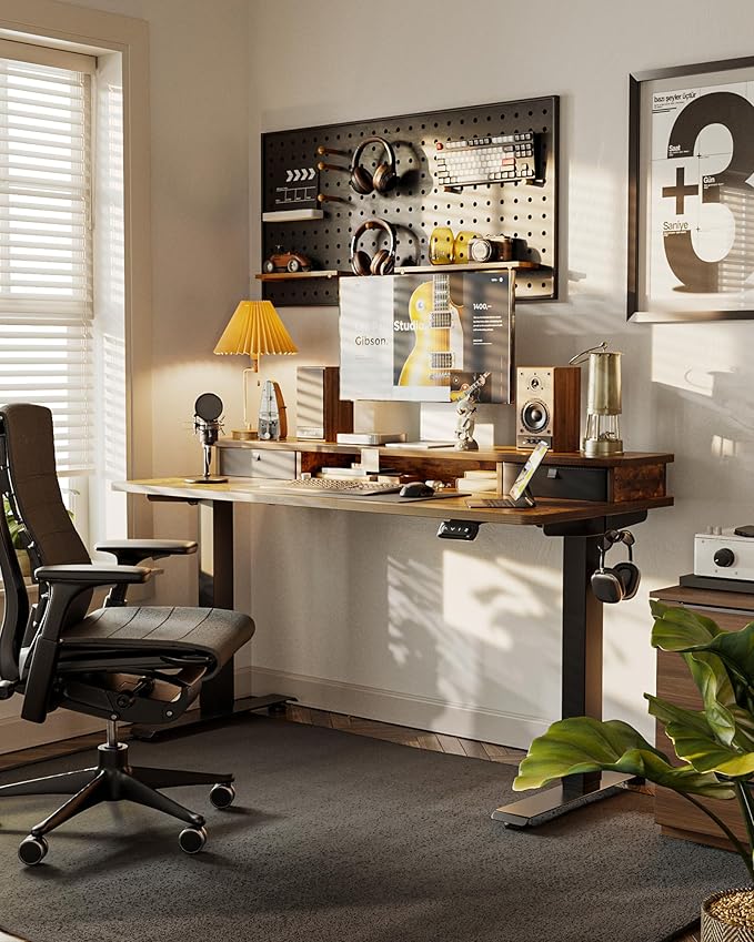 FEZIBO 40 x 24 Inch Height Adjustable Electric Standing Desk with Double Drawer Stand up Home Office Computer Desk with 4 Height-Adjustable Feets &amp 2 Hooks Rustic Brown