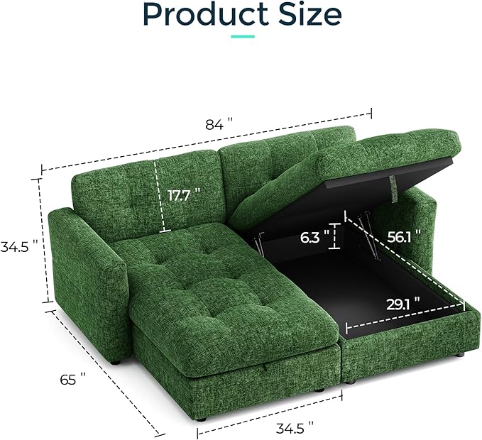 84 Oversized Sectional Chaise with Storage Large Chaise Lounge with Adjustable Armrest Chenille Cloud Couches for Living Room Apartment Home Theater Green