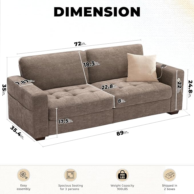 Modern Sofa 3-Seats Couches for Living Room Chenille Loveseat with USB/Type-C Port Side Pocket Recliner Small Sofa Comfy Couch Easy to Install (89 inch Brown)