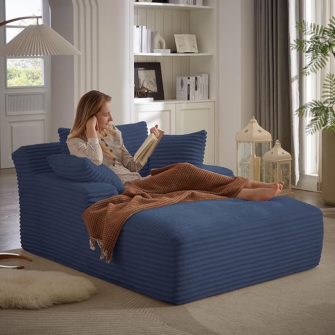 49.2 Oversized Chaise Lounge Chair IndoorCorduroy Boneless Reading Chair with 3 PillowsDeep Seat Cloud Sofa BedComfy Modern Sleeper Chairs in Box for Living Room BedroomNo Assembly(Blue)