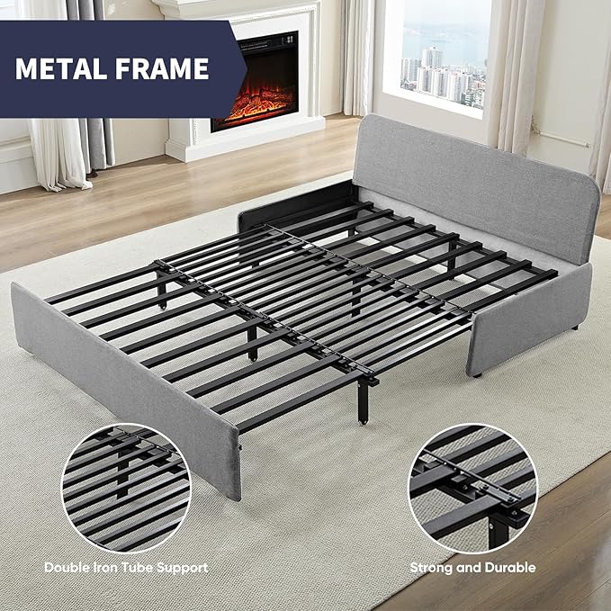 2 in 1 Pull Out Sofa Bed Queen Size Small Convertible Sleeper Sofa Couch Linen Folding Guest Bed with Wheels and Cushions Pillow Futon Sofas Couch Beds for Bedroom Office Lounge - Light Grey