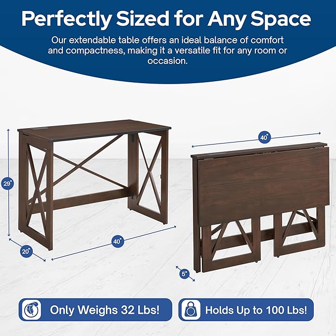 MECO Stakmore 110 Volt Stylish Versatile Expandable Folding Desk with Built in Outlets for Home Office Den or Living Room Espresso