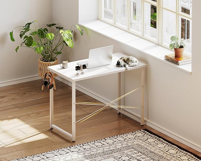 Casaottima 32 Inch Small Computer Desk for Home Office Study Writing Table for Small Spaces Simple Modern Desk with Headphone Hooks Pure White