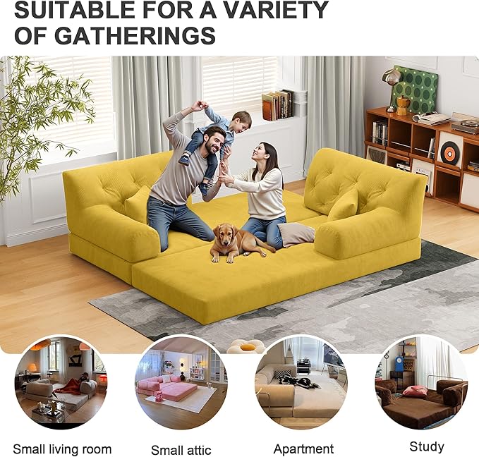 79 Convertible Sofa Bed with Pillows Corduroy Folding Sleeper Sofa with Fixed-Shape Frame Boneless Couch for Living Room Bedroom Floor Sofa Lounge No Assembly Required (C - Style - Yellow)