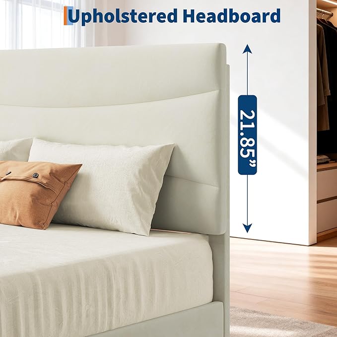 GarveeHome Queen Bed Frame with Headboard Upholstered Platform Bed Frame Queen Size with Sturdy Wood Slats Support No Box Spring Needed Easy Assembly Noise Free Beige Velvet