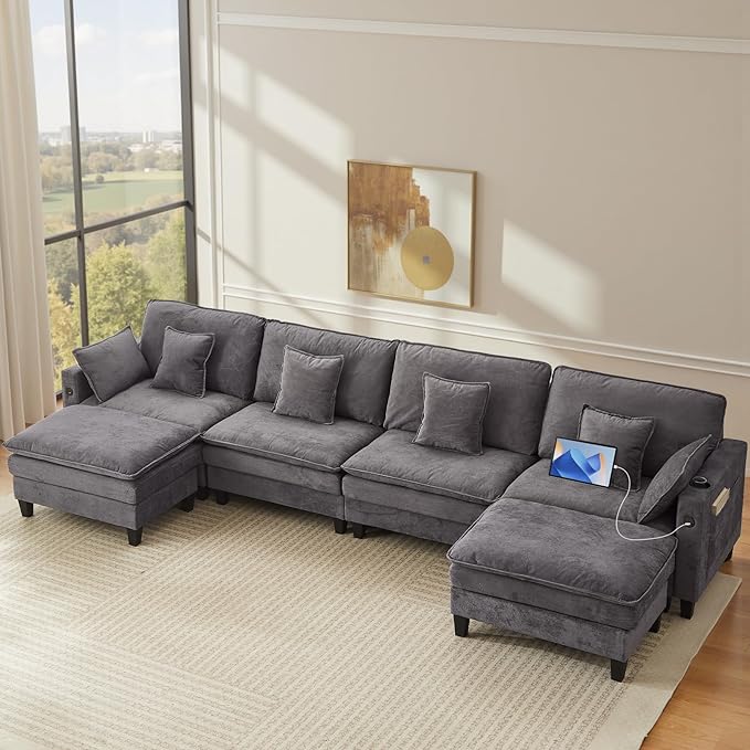 152 Modular Sectional Couches for Living Room U Shaped Cloud Couch with Ottoman Chenille Deep Seat Sofa Cloud Sectional Couch with Charging Station Cup Holder Side Pocket Grey