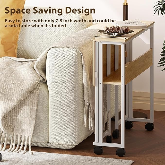Folding Desk with Storage Shelf and Wheels Collapsible Rolling Desk Space-Saving Mobile Workstation Laptop Cart Table for Home Office Bedroom Dorm Oak