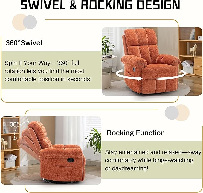Recliner Chair Swivel Rocker Recliner Chair for Adults Small Recliners for Small Spaces Manual Recliner with Side Pockets Upholstered Nursery Rocking Chair for Living Room Chenille Orange