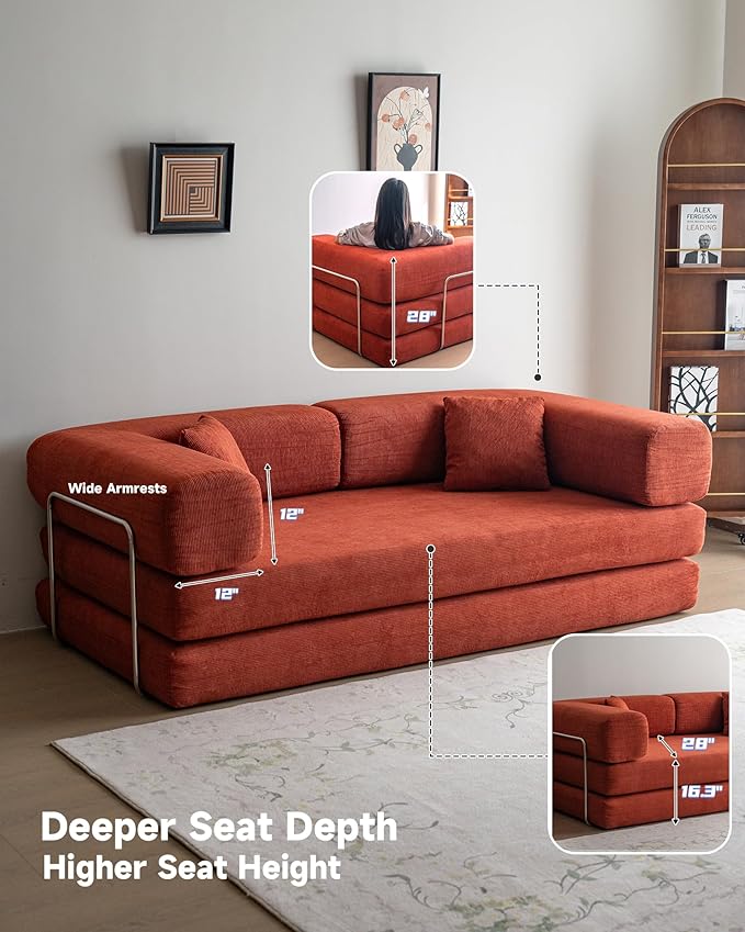 No Assembly Convertible Sofa Bed &amp 79 Boneless Couch with Pocket  5-in-1 Futon Sofa Bed with 2 Pillows Modular Pull Out Couch Bed with FrameCompression in Box for Living Room Small Spaces Orang