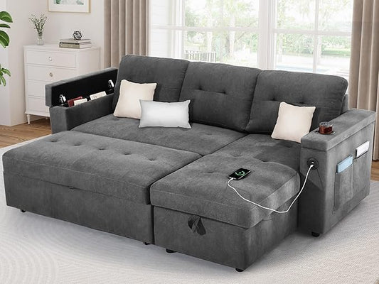 YITAHOME Sleeper Sofa Bed 3-in-1 Pull Out Sectional Sofa Couch with Storage in Chaise &amp Armrests USB &amp Type-C Ports Cup Holders Linen Fabric Pullout Couch for Living Room Apartment Dark