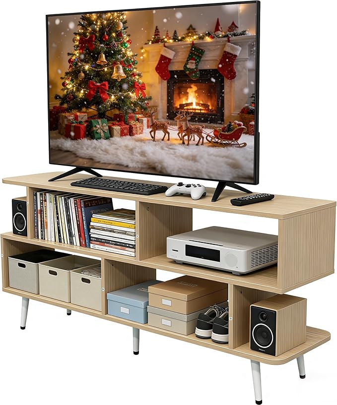 Lightdot 55 Inch TV Stand up to 65 Inch TVs Large Storage for Collection with 6 Open Shelves Sturdy Media Console Table for Living Room/Entrance/Kitchen/Sofa Cabinet Easy Assembly Walnut