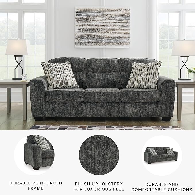 Signature Design by Ashley Lonoke Modern Sofa with 2 Accent Pillows Gray