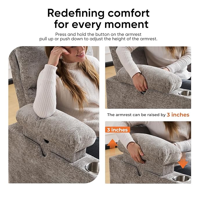 Swivel Rocker Recliner with Adjustable Armrests Rocking Nursery Chair with Adjustable Headrest Cup Holder Manual Recliner Nursing Chair for Breastfeeding Chenille Light Grey