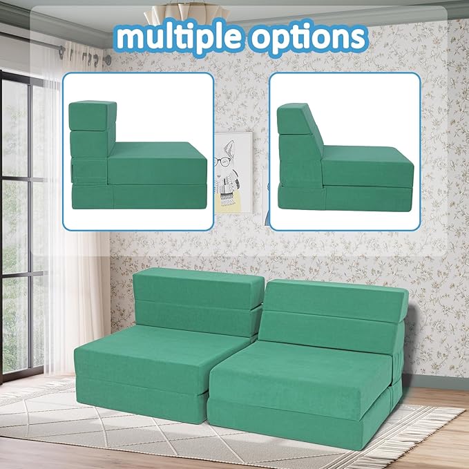 Folding Sofa Bed 4 in 1 Convertible Sleeper Chair with Washable Cover Memory Foam Fold Out Chair Bed Foldable Mattress with Back Support for Living Room Dorm Guest Room Home Office Green | Fold