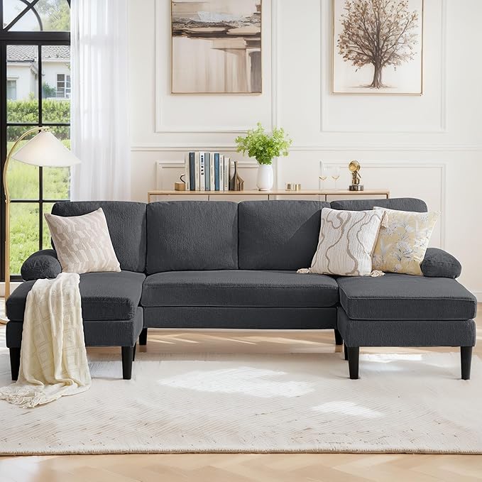 101 Sectional Couches for Living Room U Shaped Sofa with Double Chaise Lounge Modern Chenille Fabric 4-Seat Couch for Apartment/Small Space Grey