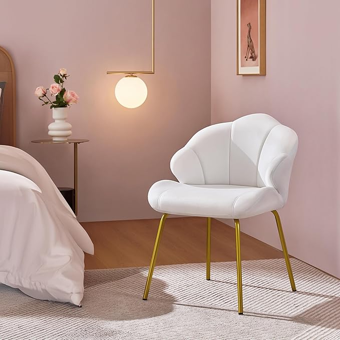 Yaheetech Vanity Chair Velvet Accent Chair with Shell-Shaped Backrest Modern Armchair with Gold Metal Legs for Dressing Room/Bedroom/Living Room White