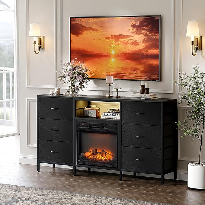 VINGLI Fireplace TV Stand Dresser with Fabric Drawer Entertainment Center with LED Lights and Industrial TV Console Table with Open Storage Shelves for Living Room Bedroom Black