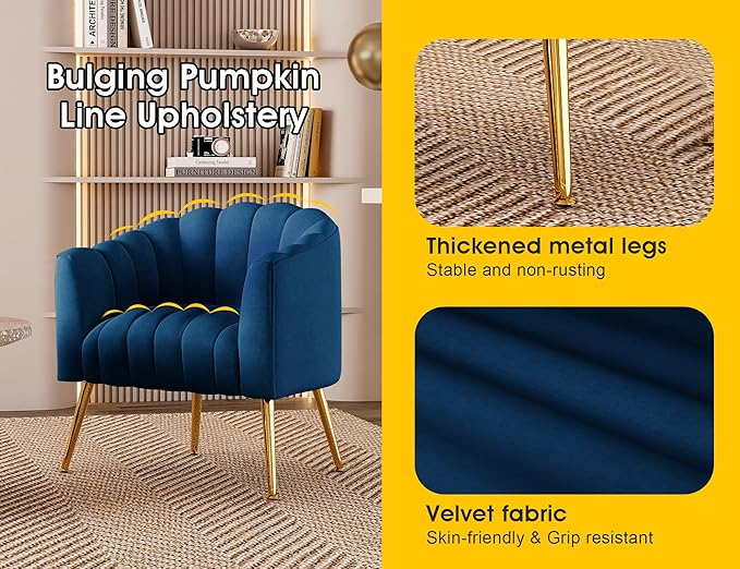 Oversized Pumpkin Couch Accent Chair Modern Comfy Velvet Upholstered Barrel Chairs Luxury Single Sofa Armchair for Living Room Waiting Room Office and Vanity (Navy)