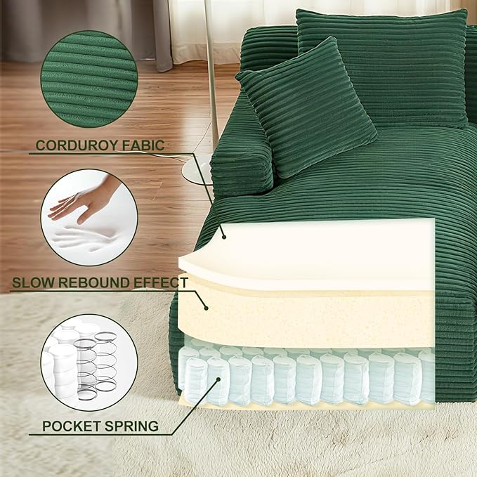 79 Double Chaise Lounge Chair Indoor: Oversized Comfy Corduroy Upholstered Boneless Couch with 4 Pillows for Living Room Bedroom and Apartment Deep Seat Sleeper Sofa 2-Seat Green