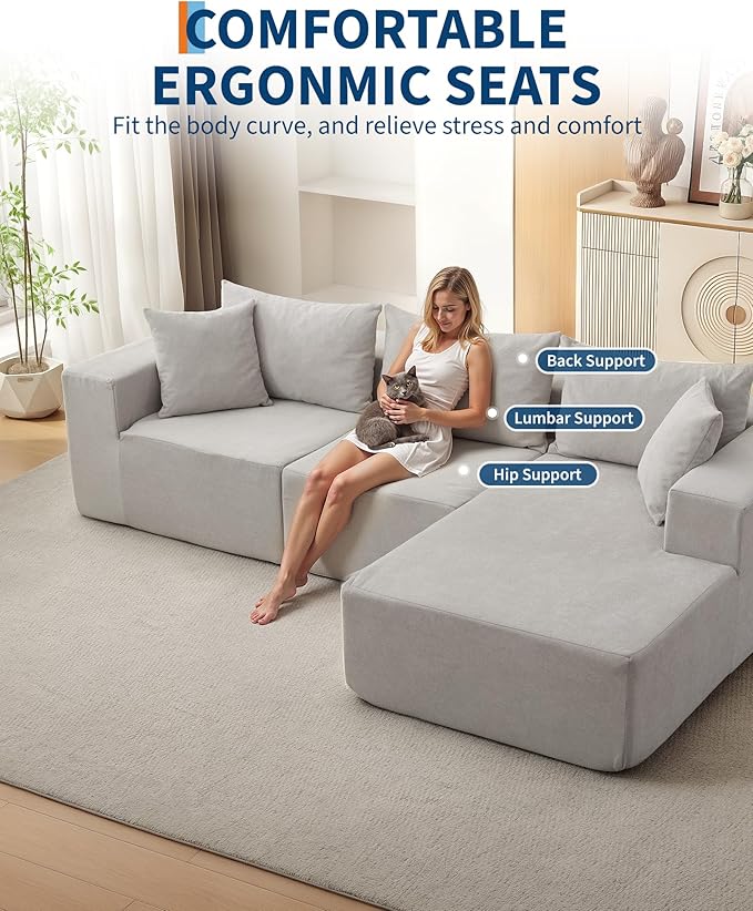 GarveeLife 108” Modular Sectional Sofa Cloud Sectional Couch with L-Shape Chaise Modern Modular Deep Seat Sofa Couch Upholstered Boneless Couches for Living Room Bedroom Right Facing Chaise Beige