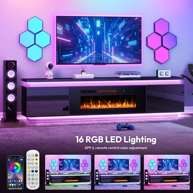 Fireplace TV-Stand with 40 Fireplace - 2 LED fire Place TV Stand for 90 95 Inch TVs - Entertainment Center with 4 AC Power Outlets - TV Consoles Stand for Living Room Gloss Black