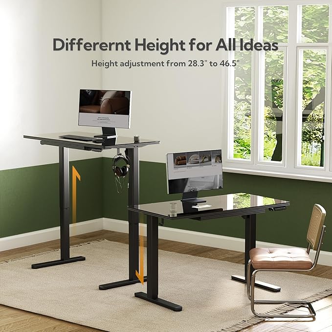 INNOVAR Glass Standing Desk with Drawers 40 x 24 Inches Electric Height Adjustable Desk Tempered Glass Top Stand Up Desks for Home and Office Black