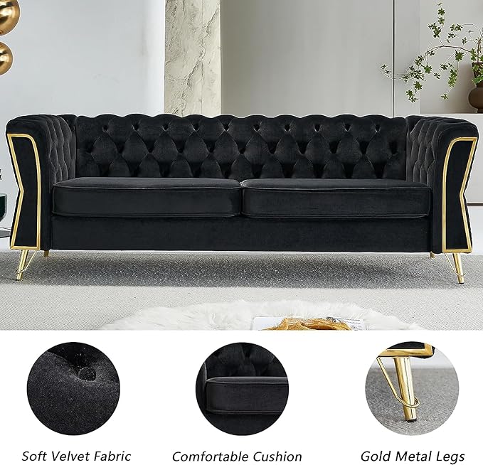 KEVINSPACE 87.4 Velvet Modern Chesterfield Tufted 3 Seater Button Sofa Mid Century with Unique Arms for Living Room Bedroom Small Space - Black