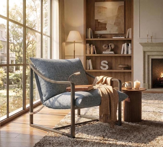 IDEALHOUSE Modern Sling Accent Chair Set of 2 Comfy Fabric Living Room Chairs with Heavy Duty Metal Frame Lounge Reading Armchair for Living Room Bedroom Easy Assembly Grey