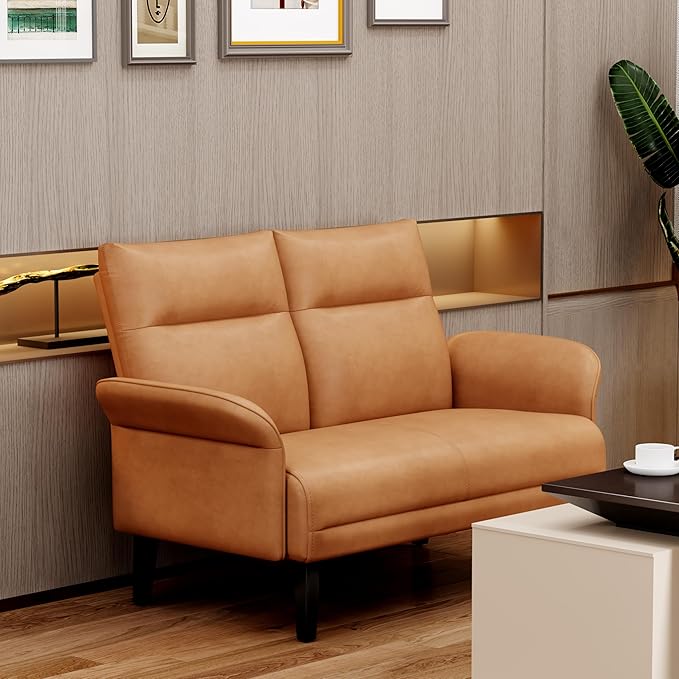 Love Seat Mini Couch Small Settee Loveseat Bench for Living Room Bedroom Office Faux Leather Loveseat Small Sofa Couches with Padded Cushion Brown