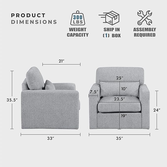 Lexicon Swivel Accent Chair Modern Armchair Home Theater Seating Boucle Fabric Upholstery Single Sofa Chair with Lumbar Pillow for Living Room/Bedroom Required Assembly Gray