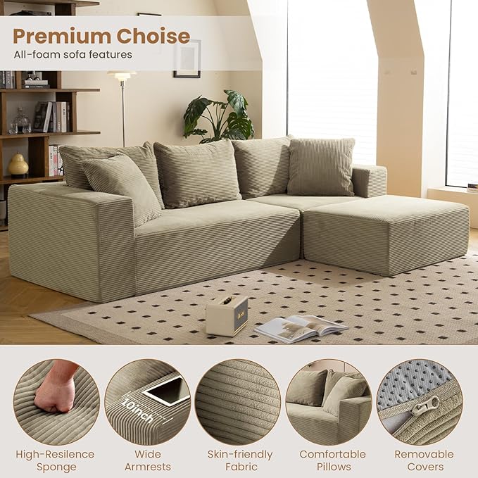 108 L-Shaped Boneless Couch Modular Sectional Sofa with Moveable Ottoman Corduroy Cloud Couches for Living Room No Assembly Ship in a Box Camel
