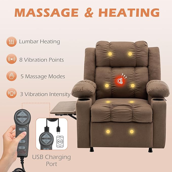Brown Power Recliner Chair for Adults Single Sofa Recliner with Massage and Heat for Living Room Bedroom Upholstered Accent Reclining Armchair Blue