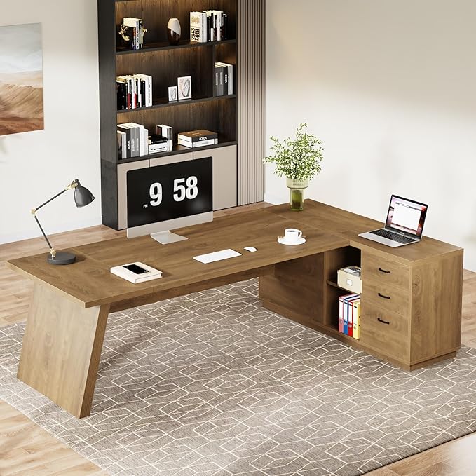 Tribesigns 78 L-Shaped Executive Desk Large Modern Office Desk with Drawers and Lateral File Cabinet Business Furniture with Storage Shelves Big Computer Table for Home Office (Brown)