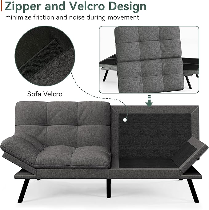 Opoiar Convertible Futon Sofa Bed71 Memory Foam Futon CouchDetachable CushionAdjustable Backrest &amp ArmrestLinen Modern Loveseat Sleeper Recliner for Living RoomOfficeApartmentRetro Grey