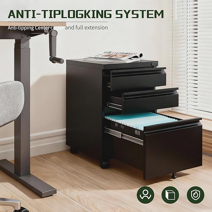 3 Drawer File Cabinet with LockRolling Mobile File Cabinet with Wheels for Home OfficeUnder Desk Metal Filing CabinetOffice Storage OrganizerFully AssembledBlack