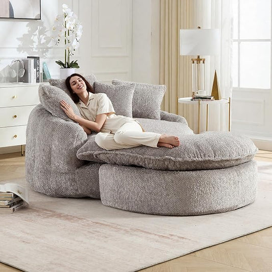 Round Oversized Lounge Chair with Ottoman - Cloud Comfy Boneless Sofa Chair for Living Room Relaxation (Light Grey Chair and Ottoman)
