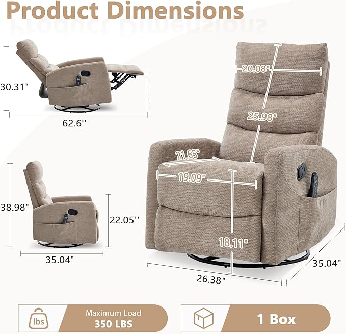 cinkehome Swivel Rocker Recliner Chair Upholstered Nursery Glider Recliner Chair with Heated Massage High Back Side Pocket (Khaki Chenille Fabric)