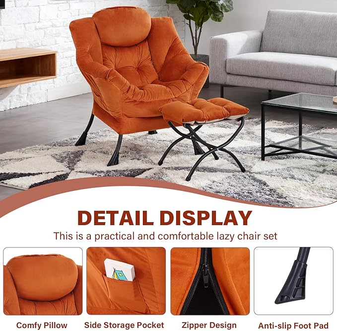 Lazy Chair with Ottoman Modern Accent Chair Contemporary Sofa Chair with Armrests Reading Chair and Folding Footstool Set for Living Room Bedroom Orange