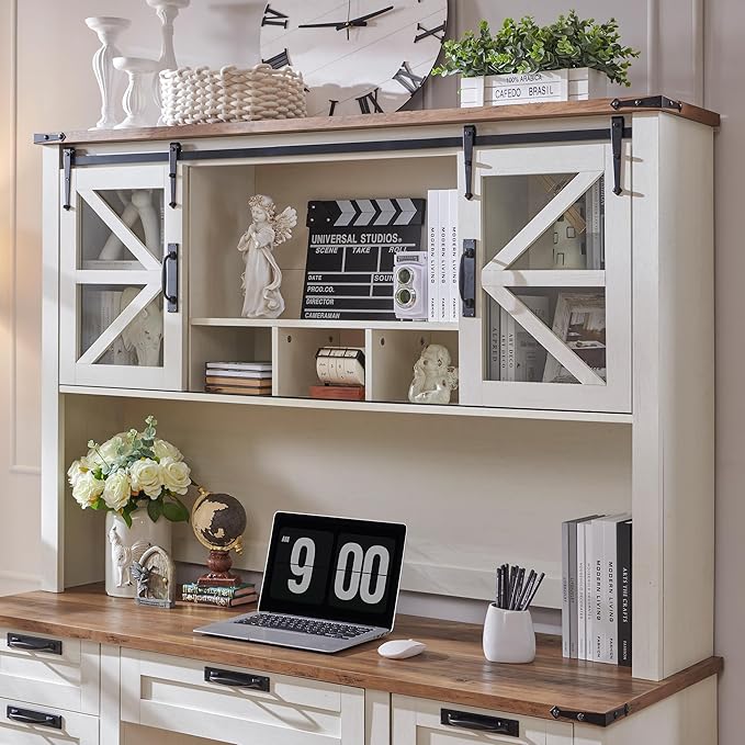 RedLemon 60 Farmhouse Desk with Hutch Wood Home Office Executive Desk with Drawer Charging Station Keyboard Tray File Drawer Storage Cabinet Rustic Writing Computer Desk (Antique White)