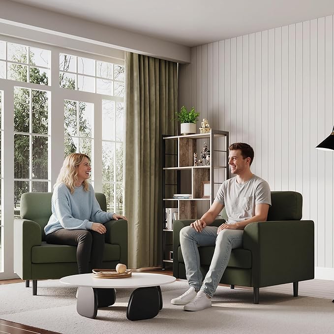38 Wide Sage Green Accent Chair Modern Linen Upholstered Armchair with High-Density Foam Comfy Reading &amp Lounge Chair for Living Room Bedroom Home Office &amp Reading Nook (Earthy Green Tone
