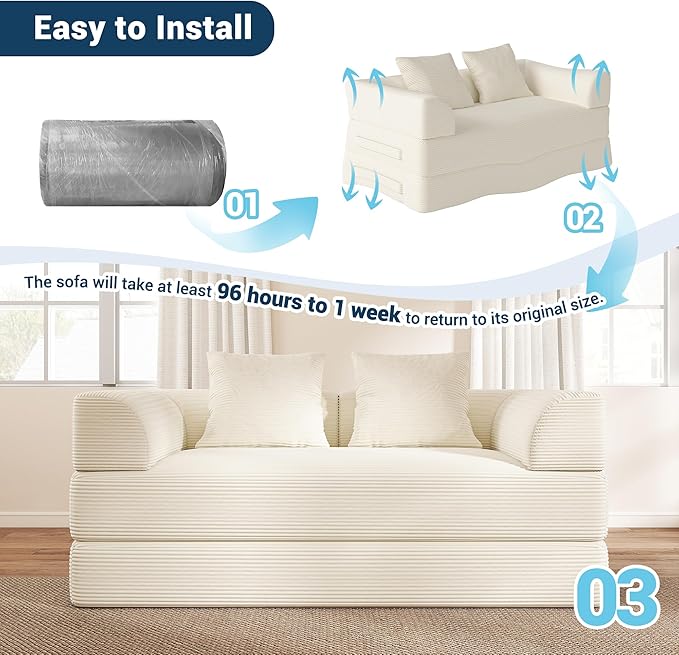 Cloud Boneless Convertible Floor Sofa Bed 70 4-in-1 Foldable Compressed Loveseat Lounge Sleeper 2 Seater Couches High-Density Sponge &amp Corduroy Fabric Futon Daybed for Living Room Bedroom(Beige