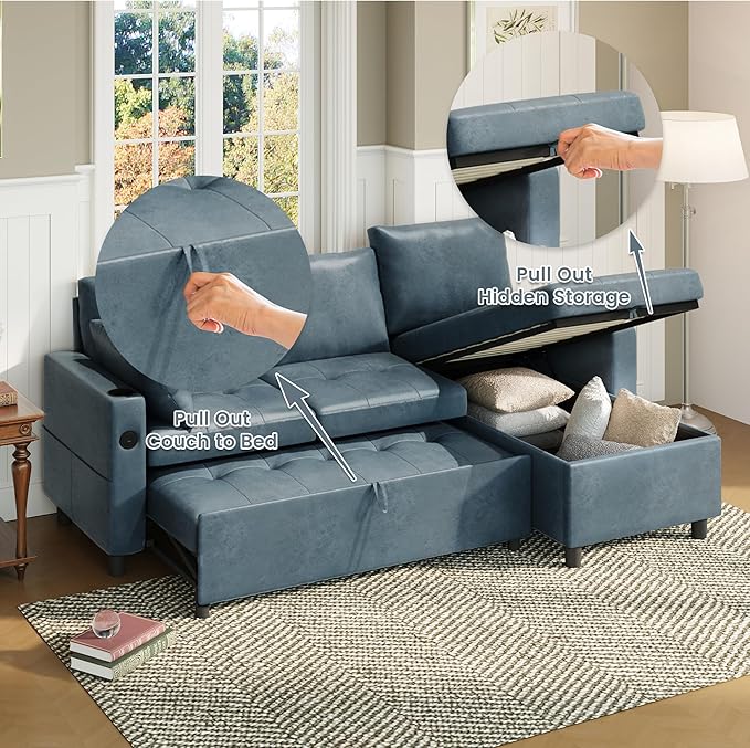 Sleeper Sofa Couch with Pullout Bed 83.5 L-Shaped Convertible Sofa with Storage Chaise USB Ports &amp Cup Holders Faux Leather Sectional for Living Room Dark Blue